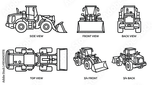 Detailed Technical Illustration: Front Loader, Multiple Views, Blueprint Style