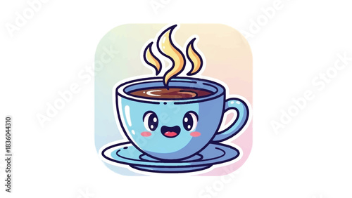 Cute Kawaii Coffee Cup with Steam and Happy Face.