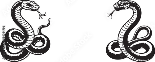 Black and white vector illustration of two snakes with vintage stipple photocopy effect retro grainy texture for grunge psychedelic surreal poster tattoo