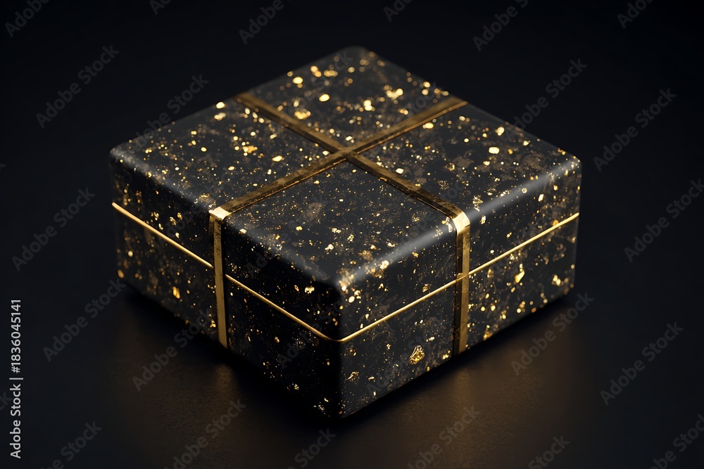 Obraz premium Luxurious black gift box with golden glitter and ribbon on dark background