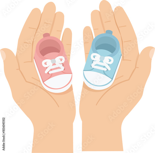 Gender Reveal Hands Holding Pink and Blue Baby Shoes