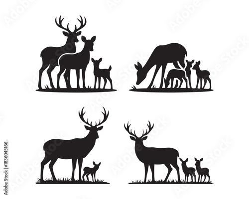 Forest deer family, with large antlers, calm doe, playful fawns, grass vector silhouette illustration design set collection, forest deer silhouette, deer family silhouette, stag with large antlers, 