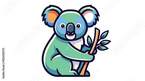 Cute Koala Bear Holding Eucalyptus Branch Cartoon Illustration.