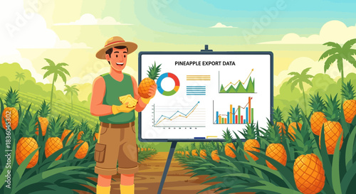 Pineapple plantation presentation of export data by happy farmer on tropical farm