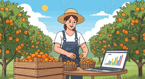 Innovative agriculture: woman farmer managing orange harvest with data analytics