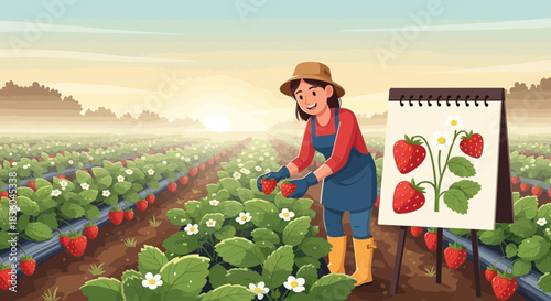 A Smiling Woman Harvesting Strawberries in a Vast, Productive Agricultural Field