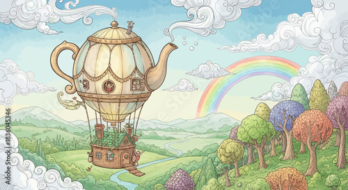 Whimsical Flight: A Teapot Balloon Adventure over Colorful Lands