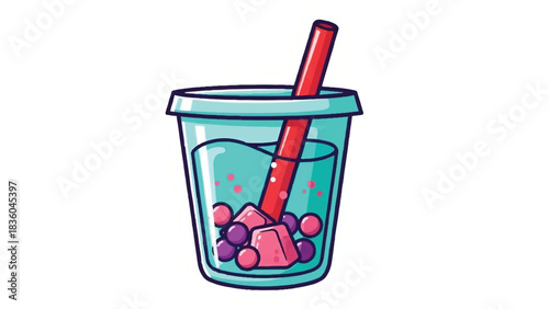 Refreshing bubble tea drink with colorful tapioca pearls and straw.