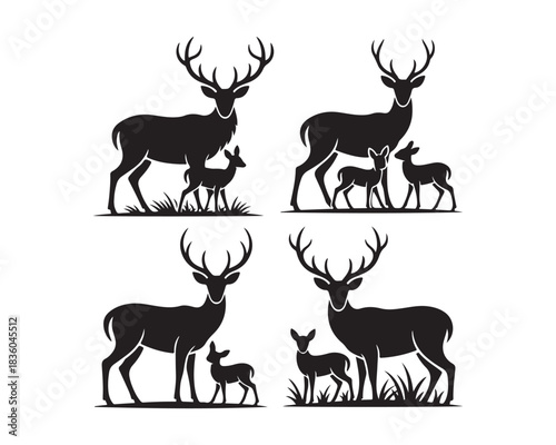 Forest deer family, with large antlers, calm doe, playful fawns, grass vector silhouette illustration design set collection, forest deer silhouette, deer family silhouette, stag with large antlers, 