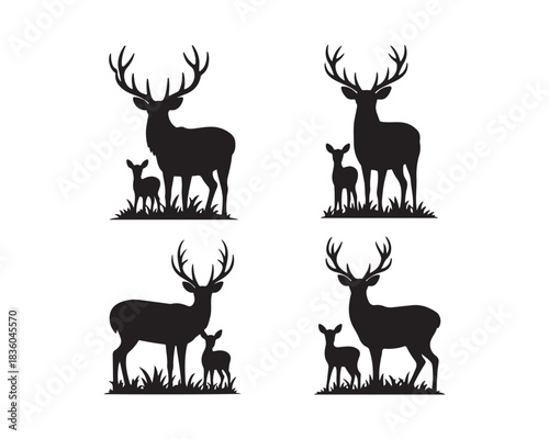 Forest deer family, with large antlers, calm doe, playful fawns, grass vector silhouette illustration design set collection, forest deer silhouette, deer family silhouette, stag with large antlers, 