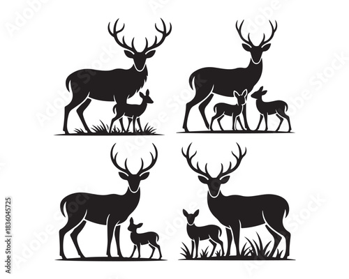 Forest deer family, with large antlers, calm doe, playful fawns, grass vector silhouette illustration design set collection, forest deer silhouette, deer family silhouette, stag with large antlers, 