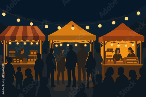 Evening market scene with food stalls and people enjoying the night atmosphere
