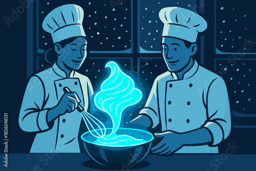 Chefs create magic in the kitchen with glowing dessert under a starlit night sky