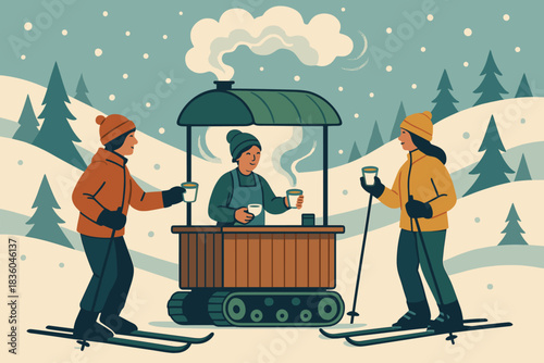 Winter skiers enjoy warm beverages at a cozy outdoor hut in a snowy landscape
