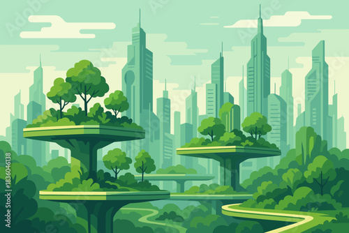 Modern city blending with nature in a vibrant green landscape with futuristic skyscrapers and elevated parks
