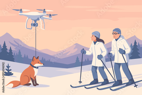 Skiers enjoy a winter day while a drone observes a fox in a snowy mountain landscape