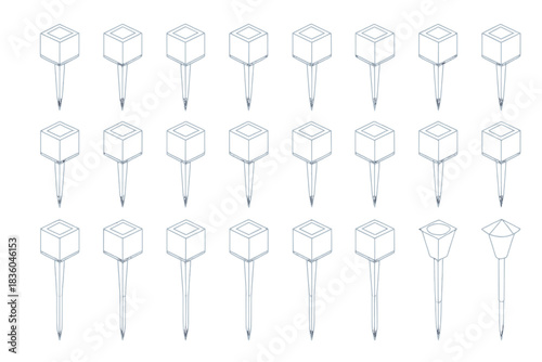Array of geometric shapes with pointed bases arranged in neat rows on a white background