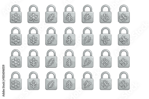 Decorative silver locks featuring snowflakes, leaves, and swirls arranged in a grid pattern for creative design purposes