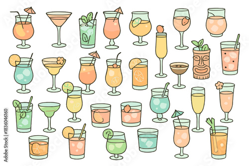 Colorful assortment of cocktails and drinks displayed in a fun and vibrant design for summer gatherings and parties