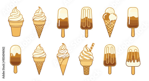 Collection of delicious ice cream cones and popsicles illustrated in a charming retro 8-bit pixel art style for summer fun.