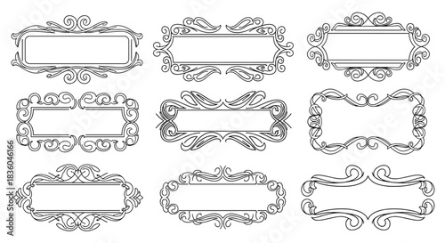 A beautiful collection of ornate vintage frames and borders with intricate calligraphic swirl details for elegant certificate design.