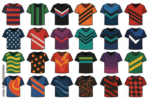 Variety of colorfully designed t-shirts arranged neatly in a grid pattern