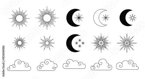 Mystical collection of celestial icons including sunbursts crescent moons with stars and clouds drawn in a simple black line art pixel style.