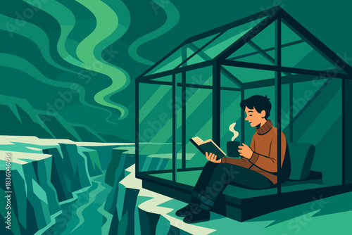 Reading a book while enjoying coffee in a cozy greenhouse near a scenic icy landscape under a starry sky