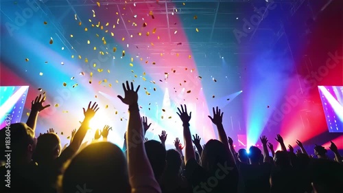 Crowd of people with hands raised in air at concert, rear view. Multicolored spotlights move across stage, and golden confetti falls, showering audience. Energetic music festival, concert.