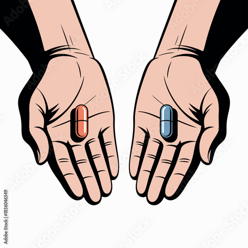 Hands holding red and blue pills symbolizing a choice