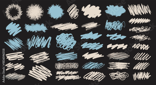 Large collection of hand-drawn chalk and crayon scribbles in pastel blue and beige colors for creating textured backgrounds and abstract designs.