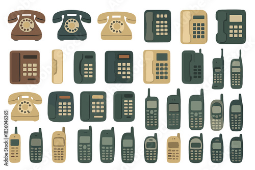 Collection of vintage and modern telephones on a white background showcasing their evolution over time