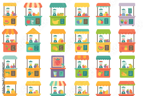 Colorful fruit and vegetable stalls create a vibrant market scene in a sunny outdoor setting