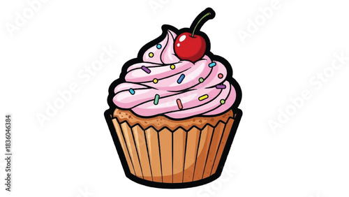 Delicious Pink Frosted Cupcake with Cherry and Sprinkles.