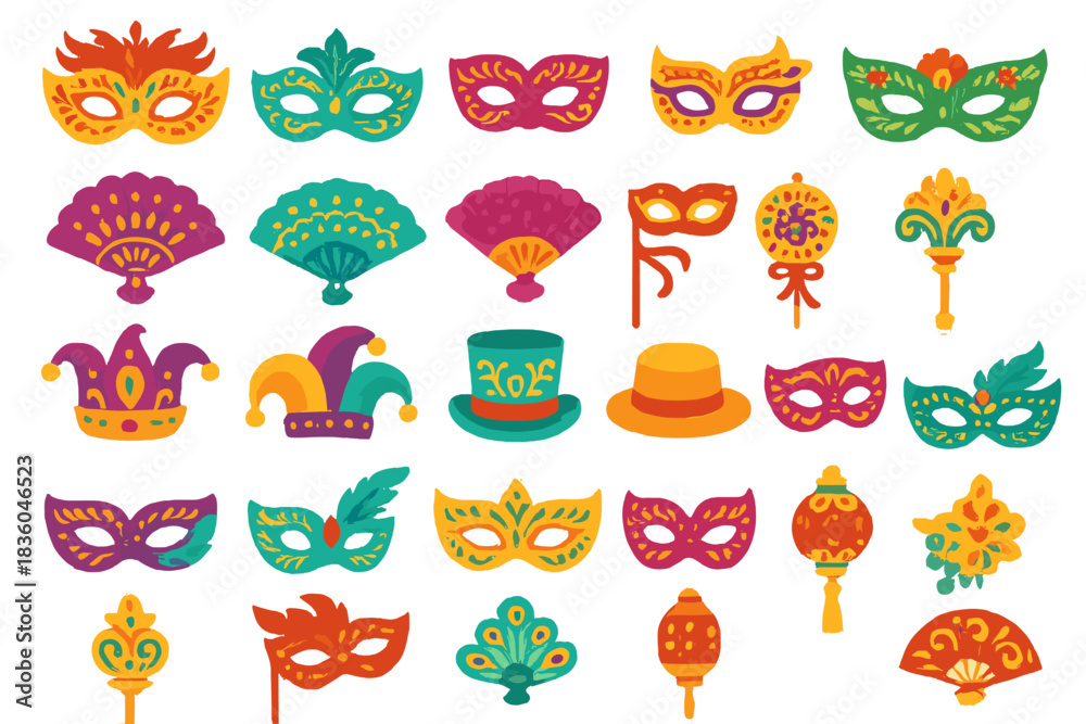 Fototapeta premium Colorful collection of festive masks and accessories for celebration and parades during Carnival season