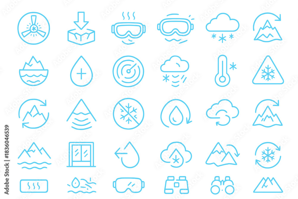 Fototapeta premium Icons representing various weather elements and mountain activities for outdoor enthusiasts and adventure planning