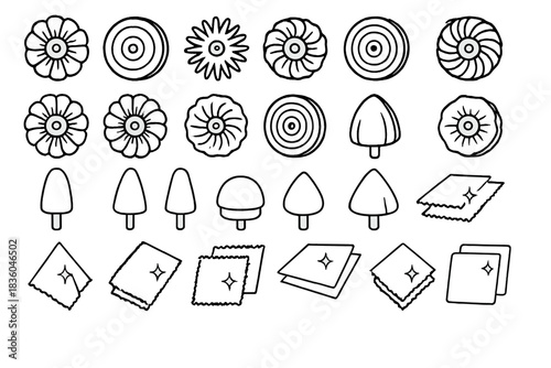 Colorful and creative illustrations of various shapes including flowers, ice creams, and abstract patterns