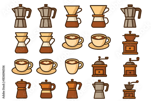 Coffee brewing tools and cups displayed with various coffee styles in a seamless pattern