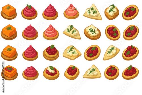 Colorful variety of bite-sized appetizers displayed on a white background