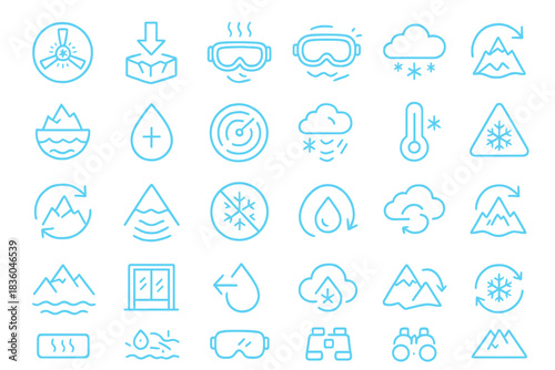 Icons representing various weather elements and mountain activities for outdoor enthusiasts and adventure planning