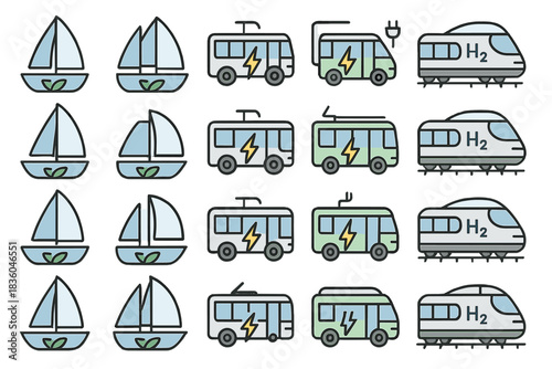 Different modes of eco-friendly transportation displayed in a creative pattern using illustrations of boats, buses, and trains