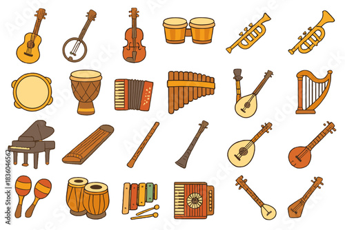 Variety of musical instruments including string, percussion, and wind instruments on a simple background