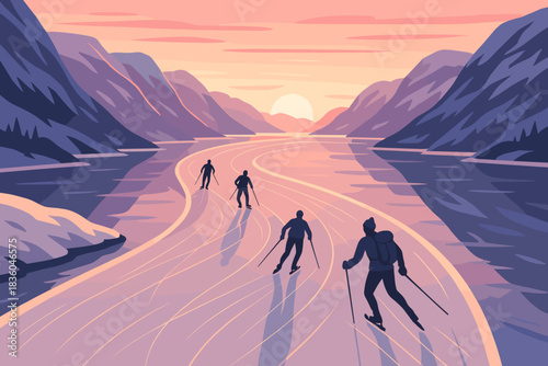 Winter sunset reveals skiers gliding over an icy river surrounded by mountains