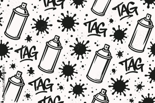 Creative pattern with spray paint cans and splatter designs in black and white