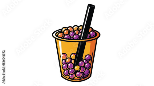 Delicious bubble tea with tapioca pearls and a black straw.