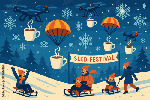 Exciting sled festival with families enjoying winter fun, hot drinks, and festive activities in a snowy landscape