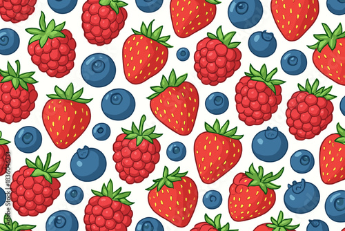 Colorful pattern of strawberries, raspberries, and blueberries showcasing fresh summer fruits