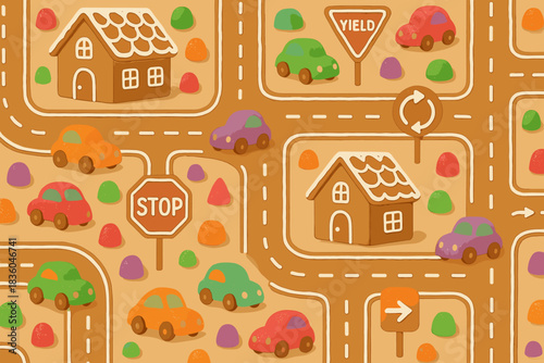 Colorful candy landscape with houses, cars, and road signs creating a whimsical village scene