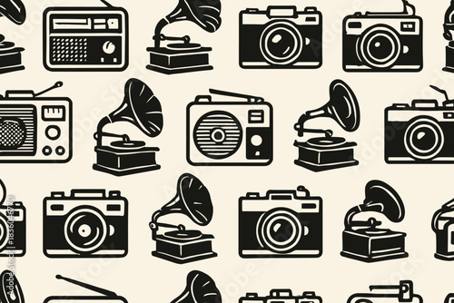 Vintage artistic pattern featuring radios and cameras arranged in an eye-catching layout