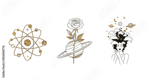 Collection of three esoteric and celestial illustrations featuring an atom a rose on a planet and a woman with cosmic thoughts.